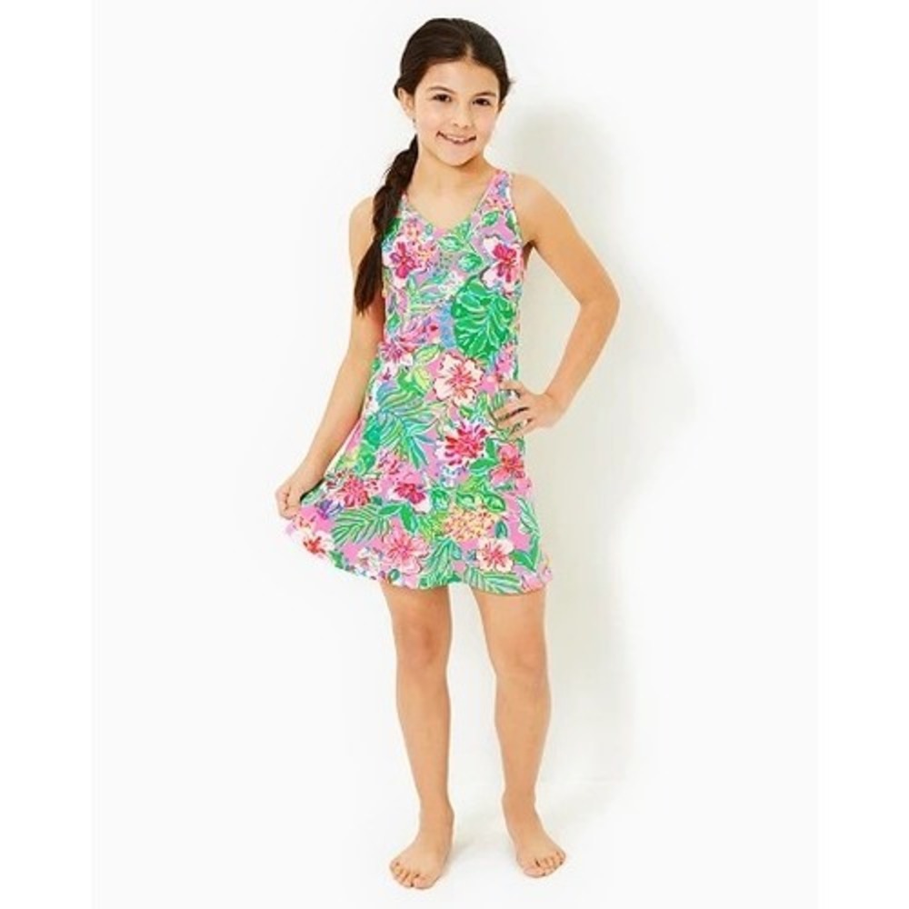 Lilly Pulitzer Luxletic Girls Large Pink Tropical Floral Tennis Dress Racerback